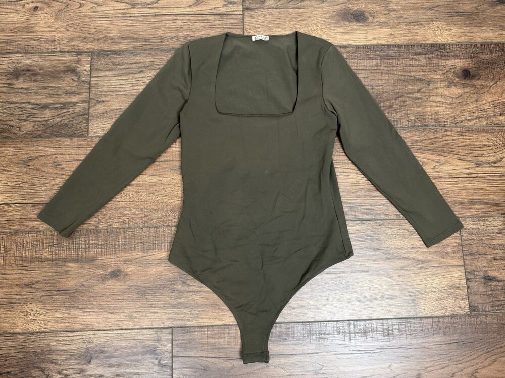 Intimately Free People Women Bodysuit Square Neck Long Sleeve Olive Green Size S